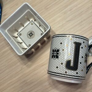 Anthropology Bistro Tile Margot Monogram Mug & Berry Basket